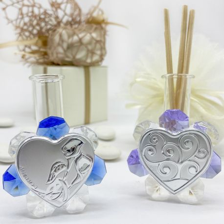 DIFFUSORE DI AROMI CON FIORE DI CRISTALLO E PLACCHETTA ARGENTATA CON SBALZO CON CALLE O ALBERO DELLA VITA BOMBONIERE ORIGINALI