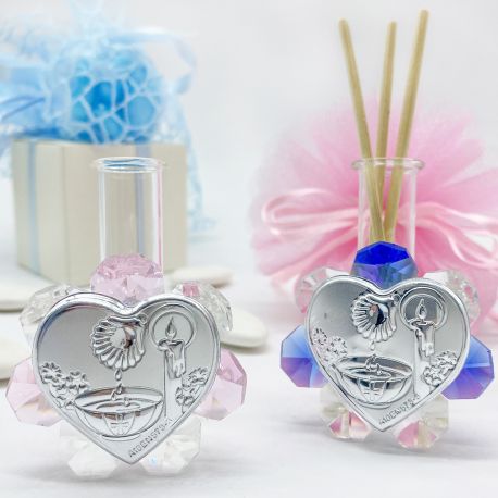 DIFFUSORI DI AROMI FIALA IN VETRO CON FIORE DI CRISTALLO E CUORE ARGENTATO CON FONTE BATTESIMALE BOMBONIERE BATTESIMO ORIGINALI