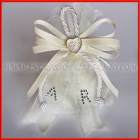 SACCHETTI PORTACONFETTI PANNA NOZZE CUORE INIZIALI STRASS CONFETTATA MATRIMONIO SEGNAPOSTO