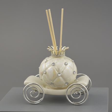 CARROZZA CON STRASS BIANCO PERLA PROFUMATORE PER AMBIENTI BOMBONIERE COMUNIONE BAMBINA