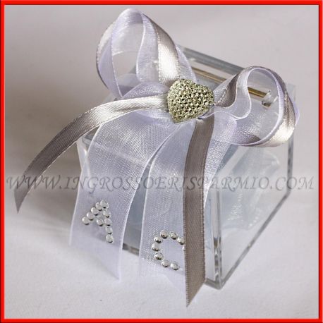 SCATOLINE PORTACONFETTI NOZZE D'ARGENTO CON INIZIALI E CUORE CONFEZIONATE PLEX 25 ANNIVERSARIO