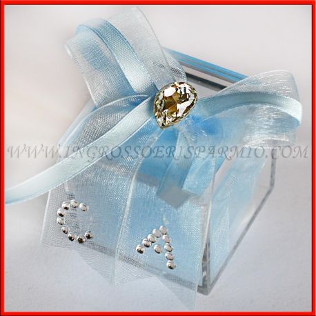 PORTACONFETTI PERSONALIZZATI CELESTE PER BIMBO BATTESIMO NASCITA ORIGINALI CON INIZIALI STRASS