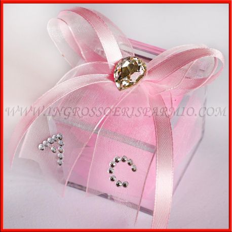 SCATOLE IN PLEXIGLASS PERSONALIZZATE BATTESIMO FIOCCO ROSA INIZIALI BAMBINA CONFETTATE INGROSSO