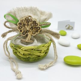 CESTINO IN VIMINI CON SACCHETTO JUTA E APPLICAZIONE IN LEGNO ALBERO DELLA VITA CONFETTATE ECONOMICHE