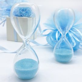 CLESSIDRA SABBIA CELESTE 8 CM IDEA BOMBONIERE NASCITA E BATTESIMO MASCHIETTO SEGNAPOSTO ORIGINALI