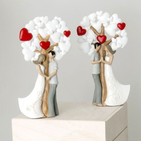 STATUINE SPOSI STILIZZATI CON ALBER O DELLA VITA E CUORI ROSSI SEGNAPOSTO MATRIMONIO BOMBONIERE ECONOMICHE