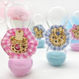 CLESSIDRE SABBIA 4 COLORI CON COCCARDINA E APPLICAZIONE IN LEGNO BOMBONIERE NASCITA BIMBO E BIMBA IDEE ORIGINALI