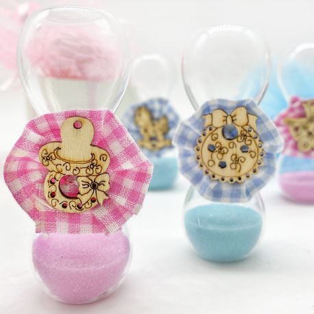 CLESSIDRE SABBIA 4 COLORI CON COCCARDINA E APPLICAZIONE IN LEGNO BOMBONIERE NASCITA BIMBO E BIMBA IDEE ORIGINALI