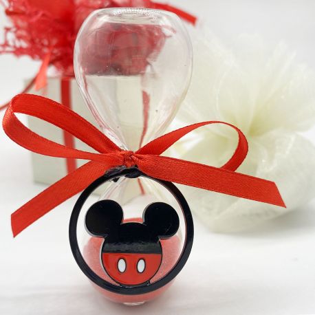 BOMBONIERE DISNEY CLESSIDRE IN VETRO SABBIA IN 4 COLORI CIONDOLO TOPOLINO ROSSO E NERO BOMBONIERE BAMBINO
