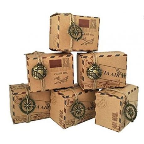 SCATOLINA PORTACONFETTI TEMA VIAGGIO CON SPAGO E CIONDOLO BUSSOLA O MAPPAMODO