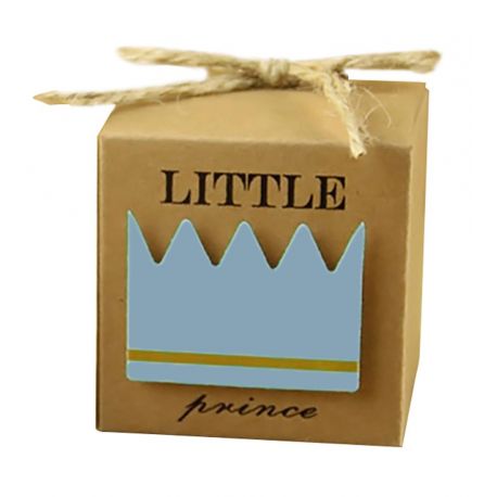 SCATOLINE PER CONFETTI CUBICHE CON CORONA CELESTE E SCRITTA "LITTLE PRINCE BOMBONIERE NASCITA MASCHIETTO"