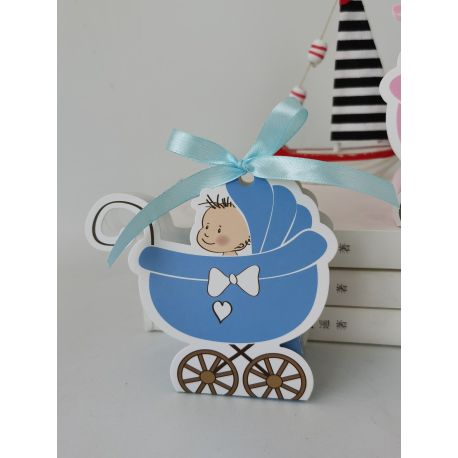 SCATOLINE PORTACONFETTI CON BIMBO IN CARROZZINA CELESTE CONFETTATE NASCITA MASCHIETTO