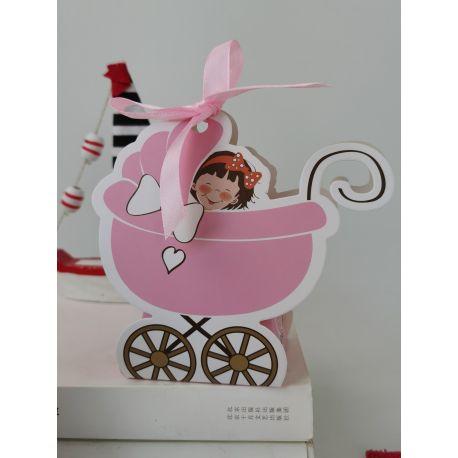 SCATOLINE PORTACONFETTI CON BAMBINA IN CARROZZINA ROSA CONFETTATE NASCITA FEMMINUCCIA