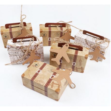 SCATOLINA PORTACONFETTI IN CARTONCINO VALIGIA CON ETICHETTA AEROPLANO CONFETTATE TEMA VIAGGIO