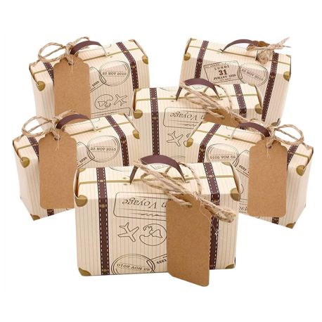 SCATOLINA PER CONFETTI A FORMA DI VALIGIA CON ETICHETTA CONFETTATE TEMA VIAGGIO
