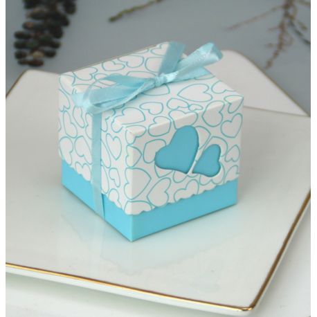 SCATOLINE PORTACONFETTI CUBICHE CELESTI CON CUORI NASCITA E BATTESIMO MASCHIETTO