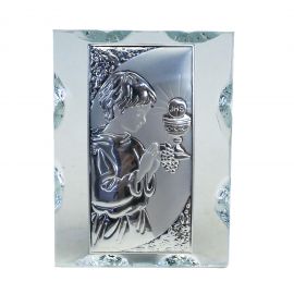 QUADRETTO IN VETRO CON LAMINA ARGENTATA A SBALZO BIMBO IN PREGHIERA BOMBONIERE COMUNIONE