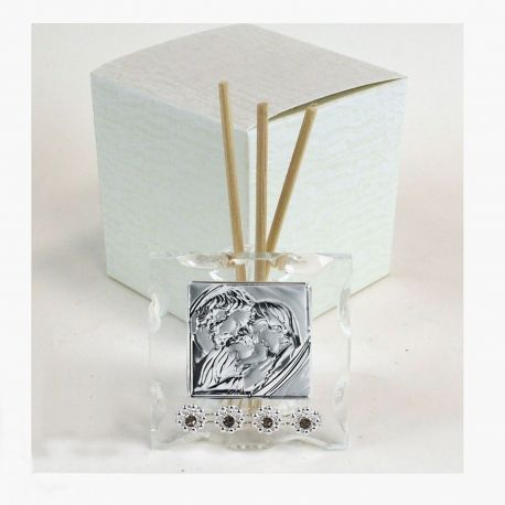 PROFUMATORI IN VETRO CON ICONA SACRA FAMIGLIA ARGENTATA E STRASS BOMBONIERE SACRE