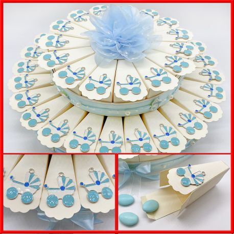 TORTA DI BOMBONIERE CELESTE 15/25/40 FETTE NASCITA MASCHIETTO CON CHARMS CARROZZINA CONFETTATA PENSIERINI