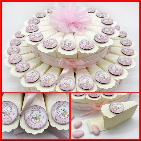 TORTA DI BOMBONIERE CON CALAMITE CON ORSETTO ROSA PENSIERINI NASCITA ECONOMICI IDEE ORIGINALI BAMBINA