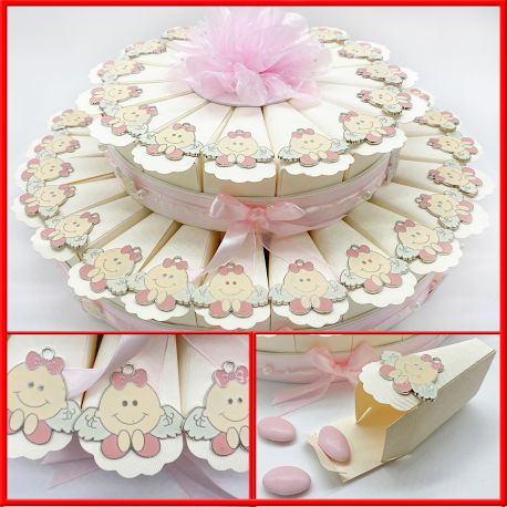 TORTA DI BOMBONIERE CON CIONDOLO ANGIOLETTO ROSA PENSIERINI NASCITA FEMMINUCCIA BATTESIMO BIMBA