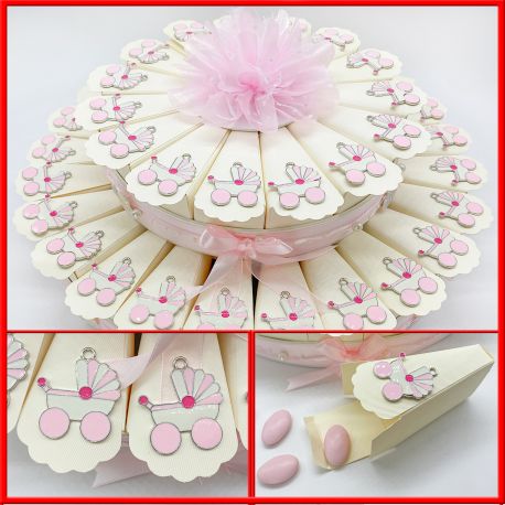 TORTA PORTACONFETTI CON CHARMS CARROZZINA ROSA BOMBONIERE NASCITA FEMMINUCCIA IDEE ORIGINALI