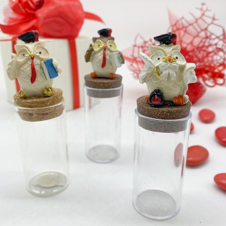 FIALA PORTACONFETTI CON TAPPO IN SUGHERO E GUFETTO LAUREATO BOMBONIERE E CONFETTATE LAUREA PENSIERINI ECONOMICI