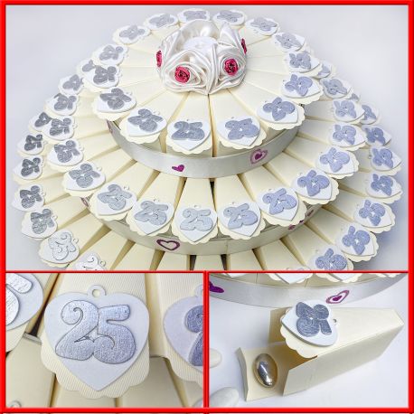 TORTA DI BOMBONIERE DECORATA 73 FETTE CON CUORI IN LEGNO 25 NOZZE D'ARGENTO IDEE ORIGINALI PREZZI BASSI