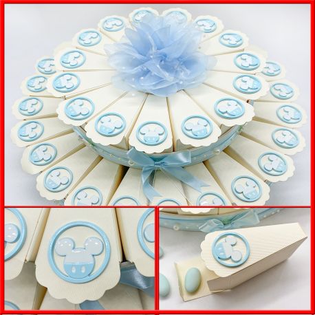 TORTA SCENOGRAFICA DI BOMBONIERE CELESTE 15/25/40 FETTE CON APPLICAZIONI MICKEY MOUSE DISNEY MASCHIETTO