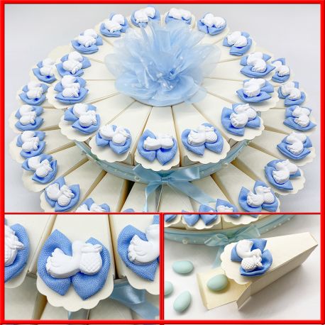 TORTA DI BOMBONIERE 15/25/40 FETTE CON FIOCCHETTI CON CICOGNA CELESTI IDEE NASCITA ORIGINALI