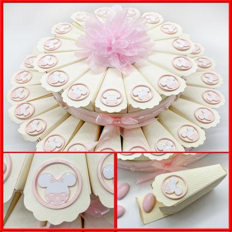 STRUTTURA TORTA DI BOMBONIERE CON APPLICAZIONI MINNIE IN METALLO ROSA BOMBONIERE NASCITA DISNEY