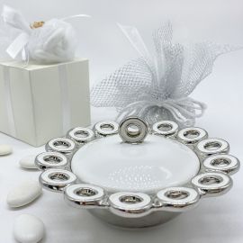 ELEGANTE SCATOLA CERAMICA PORTACONFETTI CON DECORO ARGENTO BOMBONIERE ECONOMICHE NOZZE
