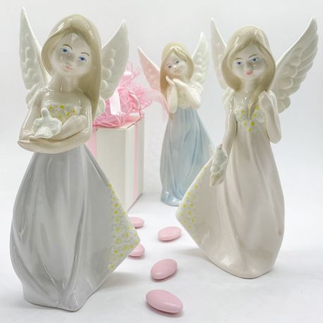 ANGELI IN PORCELLANA CON ABITO FLOREALE BOMBONIERE ECONOMICHE BATTESIMO COMUNIONE BIMBA