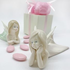 ANGELI IN PORCELLANA COLORI PASTELLO BOMBONIERE ORIGINALI BATTESIMO COMUNIONE FEMMINA