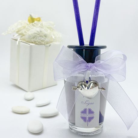 DIFFUSORE PER AMBIENTI CON CIONDOLO A FORMA DI CUORE E FIOCCO IN ORGANZA LILLA BOMBONIERE ORIGINALI