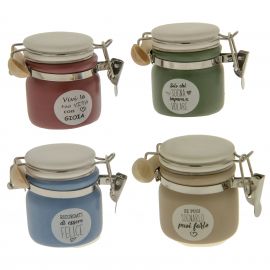 BARATTOLINI PORTASPEZIE IN PORCELLANA 4 COLORI ASSORTITI CON FRASI CONFETTATA E SEGNAPOSTO