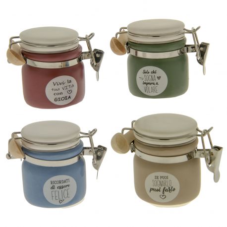 BARATTOLINI PORTASPEZIE IN PORCELLANA 4 COLORI ASSORTITI CON FRASI CONFETTATA E SEGNAPOSTO