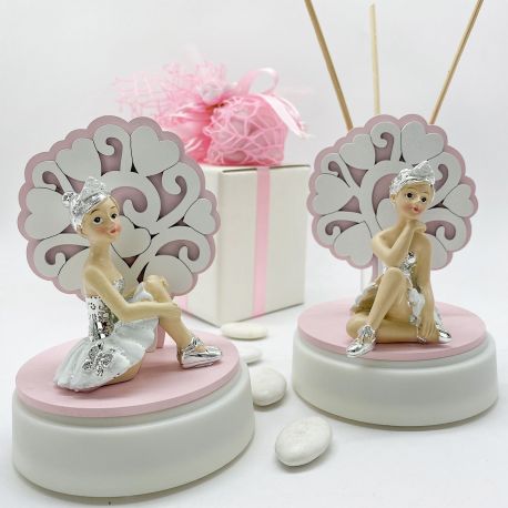 CARILLON CON ALBERO DELLA VITA ROSA E BALLERINA CON DETTAGLI ARGENTO BOMBONIERE ORIGINALI BATTESIMO