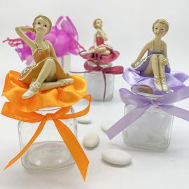 BARATTOLINI CON TAPPO SUGHERO E BALLERINA IN RESINA 3 COLORI ASSORTITI CONFETTATA BOMBONIERE FEMMINUCCIA