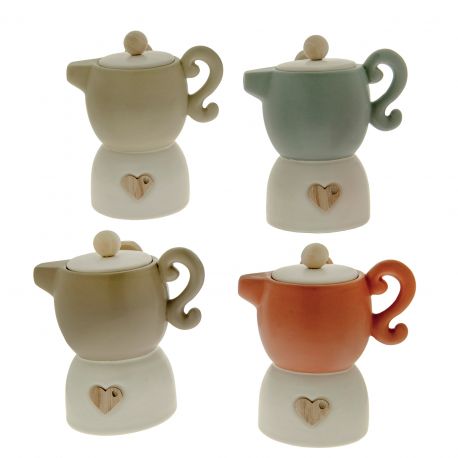 ZUCCHERIERE IN PORCELLANA E LEGNO CON CUCCHIAINO A FORMA DI MOKA BOMBONIERE ORIGINALI