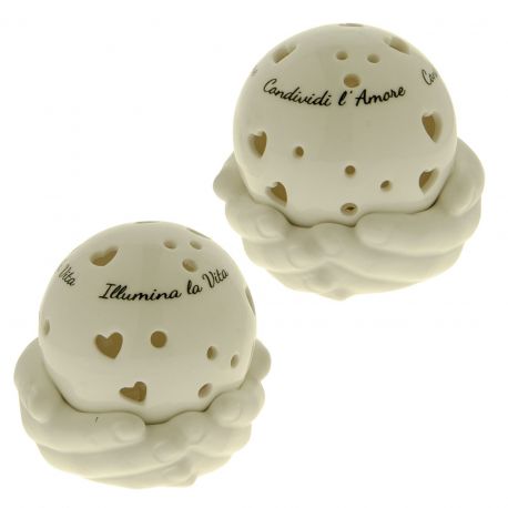 LAMPADA LED DA TAVOLO SFERA CON MANI IN PORCELLANA BIANCA CON FRASI
