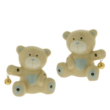 ORSETTO IN PORCELLANA CON LUCE LED E CUORE BOMBONIERE NASCITA MASCHIETTO