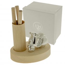 PORTAMATITE IN LEGNO NATURALE CON VESPA ARGENTATA NOVITÁ BOMBONIERE ECONOMICHE