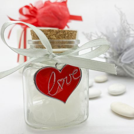 CONFETTATE MATRIMONIO ORIGINALI BARATTOLINI IN VETRO CON CIONDOLO A FORMA DI CUORE IDEE SEGNAPOSTO
