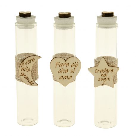 PROVETTE PORTACONFETTI CON APPLICAZIONE IN LEGNO E IUTA CON MESSAGGI