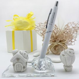 PORTAPENNE IN VETRO ORIGINALI CON CASETTA O MONGOLFIERA E PENNA IN OMAGGIO BOMBONIERE ORIGINALI ONLINE