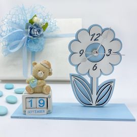OROLOGI DA TAVOLO A FORMA DI FIORE CON CALENDARIO PERPETUO ORSETTO CELESTE BOMBONIERE BATTESIMO