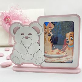 CORNICI PORTAFOTO DA TAVOLO IN LEGNO ROSA CON ORSETTO BIANCO BOMBONIERE BATTESIMO FEMMINUCCIA