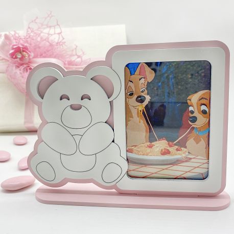 CORNICI PORTAFOTO DA TAVOLO IN LEGNO ROSA CON ORSETTO BIANCO BOMBONIERE BATTESIMO FEMMINUCCIA