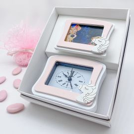 SET REGALO OROLOGIO DA TAVOLO + CORNICE ROSA CON UNICORNO BOMBONIERE BOMBONIERE BATTESIMO FEMMINUCCIA